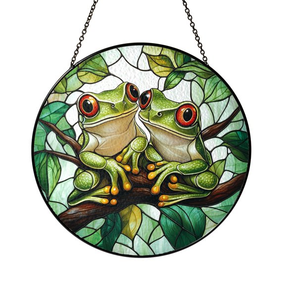 Frog Couple Stained Glass Suncatcher Window Hanging, Whimsical Nature Inspired Home Window Decor