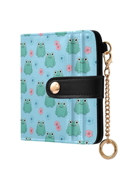 Frog Cute Cartoon Small Wallet for Women RFID Blocking Bifold PU Leather Credit Card Holder with Zipper Coin Pocket Compact Cute Travel Purse Magnetic Snap 7 Card Slots
