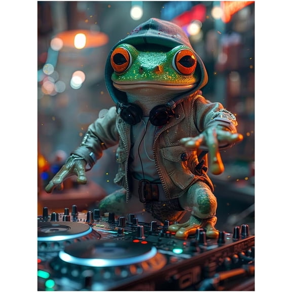 Frog DJ Hand Poster Canvas Wall Art Prints Humor and Cute House Decoration Aesthetic Suitable for Living Room and Bedroom Wall Decor (12x16 Inches Unframed)