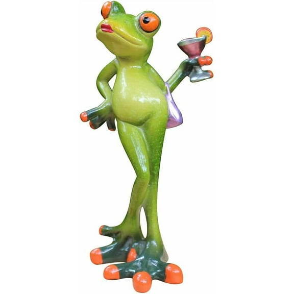 Frog Decor, Lady Frog Figurine Holding a Cocktail, Novelty Animal Frog Statue Resin Ornament for Home Office Desk Decoration