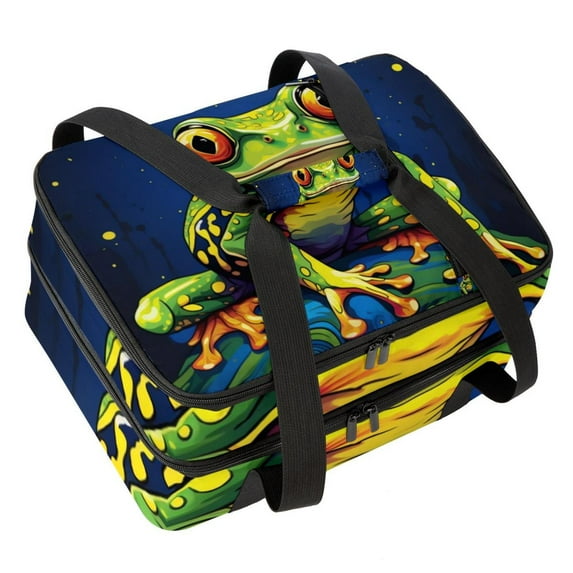 Frog Double Layered Insulated Lunch Bag with Two Compartments, Large Capacity, Refrigeration, and Hand Carry - 7.1x11.4x16.1 Inches