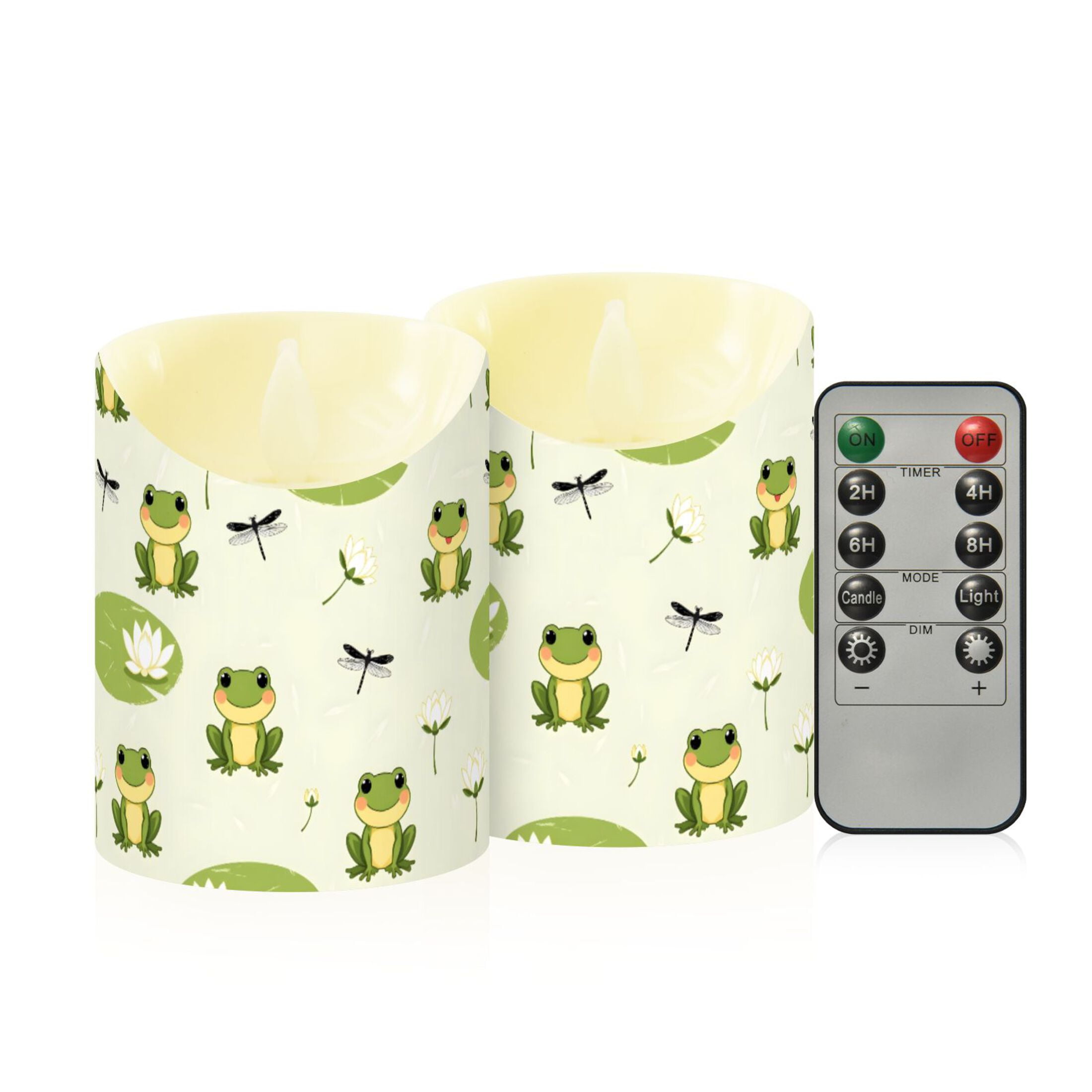 Frog Dragonfly Lotus Flower Flameless Candles 2 PCS with Remote Realistic Moving Flame LED Tapered Pillar Set for Home Decor