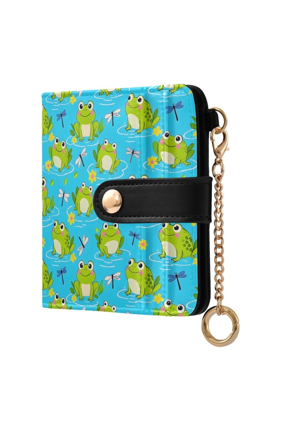Frog Dragonfly Lotus Leaf Small Wallet for Women RFID Blocking Bifold PU Leather Credit Card Holder with Zipper Coin Pocket Compact Cute Travel Purse Magnetic Snap 7 Card Slots