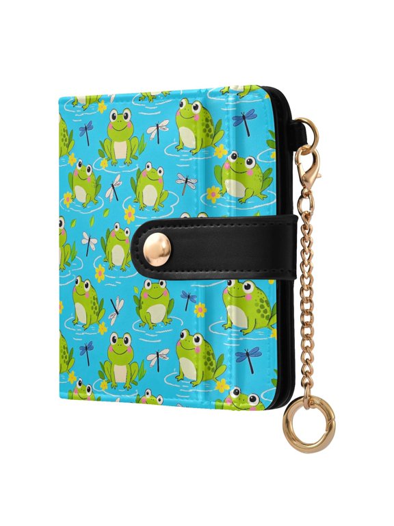Frog Dragonfly Lotus Leaf Small Wallet for Women RFID Blocking Bifold PU Leather Credit Card Holder with Zipper Coin Pocket Compact Cute Travel Purse Magnetic Snap 7 Card Slots