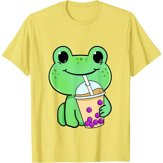Frog Drinking Bubble Tea Frog Unisex T-Shirt for Men Women Kids,Cornsilk Color,Size 3XL