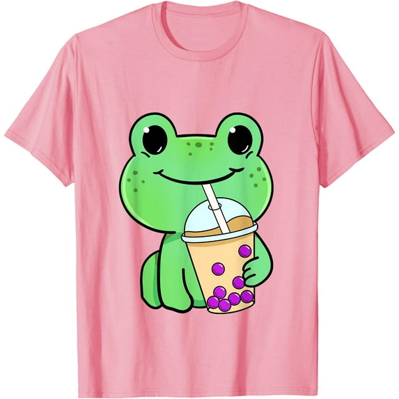 Frog Drinking Bubble Tea Frog Unisex T-Shirt for Men Women Kids,Light Pink Color,Size YXL