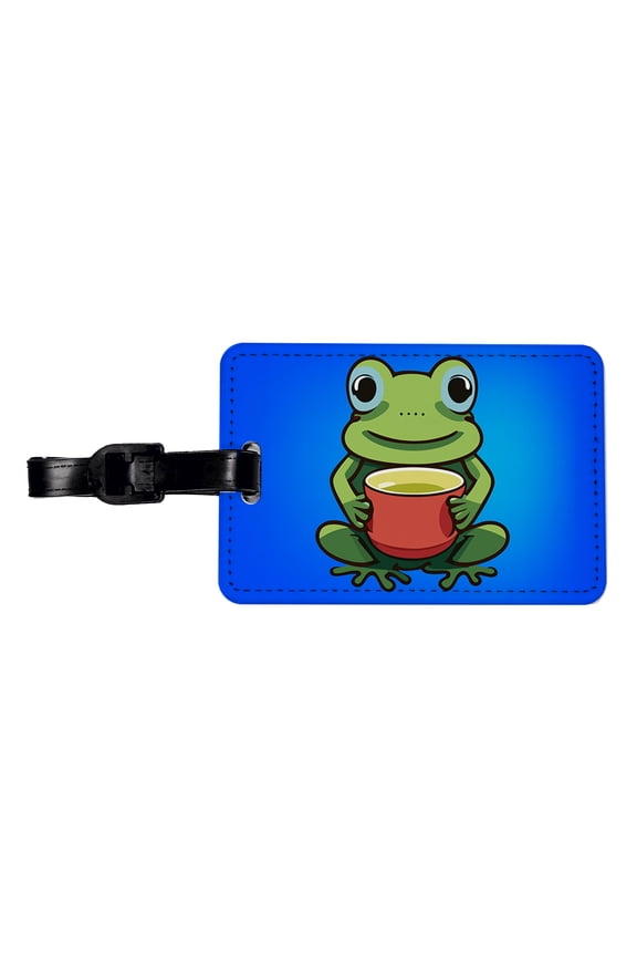 Frog Drinking Tea Funny Faux Leather Travel Luggage Tag