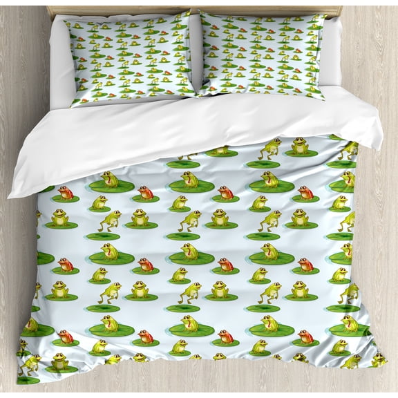 Frog Duvet Cover Set, Colorful Pond Animals Jumping and Sitting on Water Lilies Cartoon, Decorative 3 Piece Bedding Set with 2 Pillow Shams, Calking Size, Pale Blue Multicolor, by Ambesonne