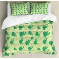 thumbnail image 1 of Frog Duvet Cover Set, Image of Smiling Pond Animal and Flower Silhouettes on Green Background, Decorative 3 Piece Bedding Set with 2 Pillow Shams, Calking Size, Pastel Green Sea Green, by Ambesonne, 1 of 3