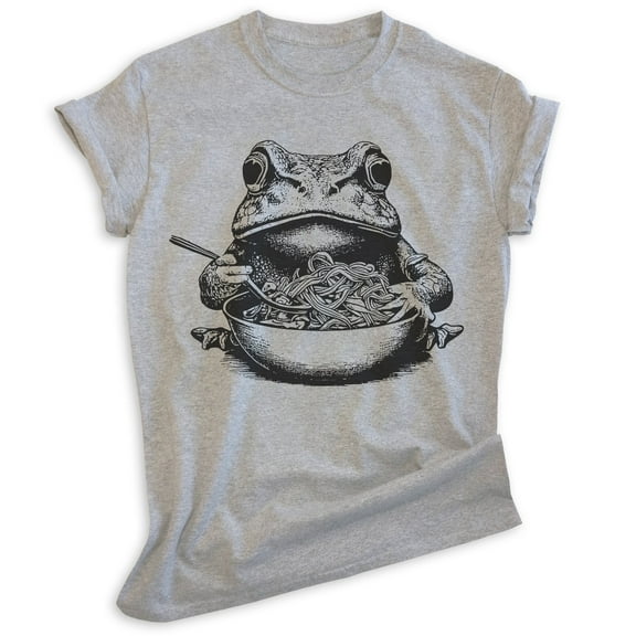Frog Eating Ramen Noodles T-shirt, Unisex Women's Men's Shirt, Funny Frog Japanese Food Lover Ramen, Heather Gray, Medium