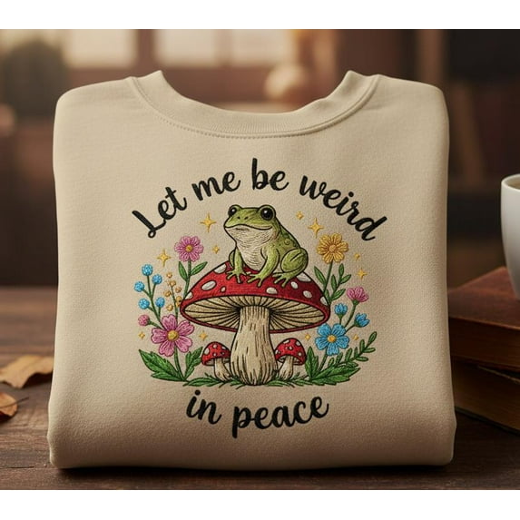 Frog Embroidered Sweatshirt with Mushroom and Flowers Funny Cottagecore Pullover Nature Embroidery Sweater