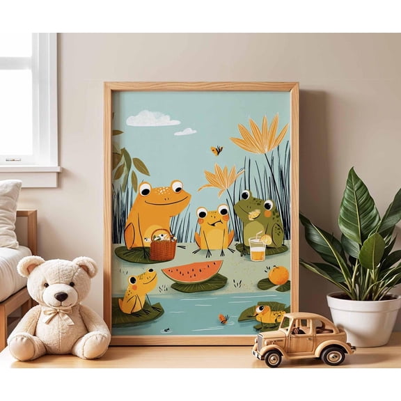 Frog Family Picnic Nursery Poster, Unframed Paper Poster 8x10in