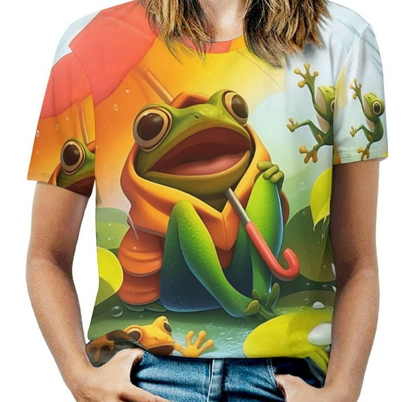 Frog Family Rainy Day Women's Short Sleeve T-Shirt Crew Neck Casual Summer Trendy Loose Fit Tops