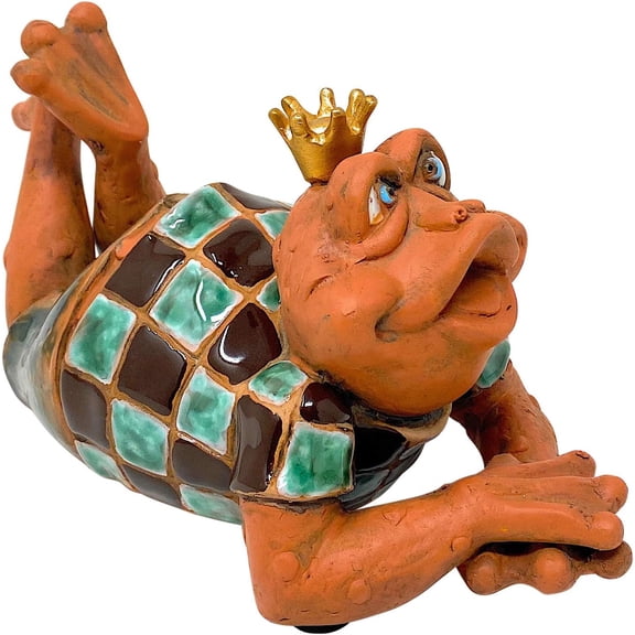 Frog Figurine Lying Down Clay Ceramic Toad Statue Whimsical Decor for Garden Home Patio Shelf Mantel Desk Indoor Outdoor Checkered Shirt Green & Brown 10 Inch