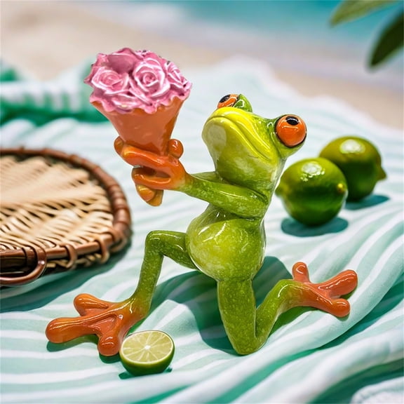 Frog Figurine With Flower Bouquet - Cute Garden & Home Decor, Craft Ornament For Proposal, Valentine's Day Gift