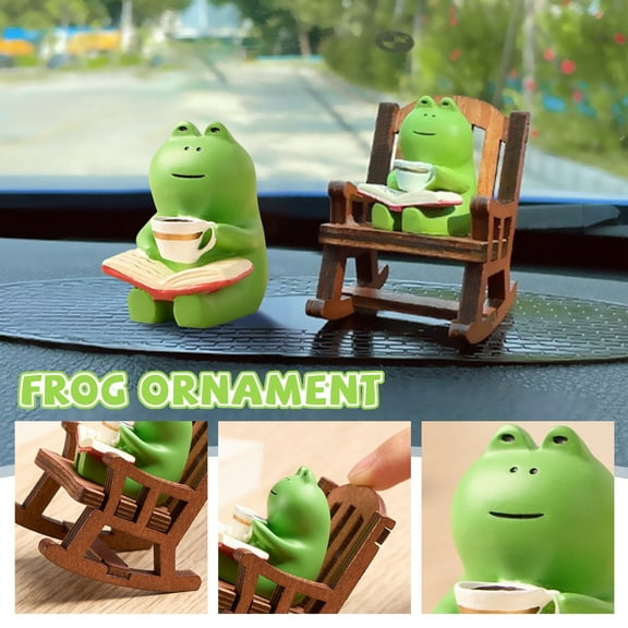 Frog Figurine, Wooden Rocking Chair, Mini Resin, 3X2 In, Cute Desk Decor, Reading Nook Decor, Brown Finish, 1 Pc