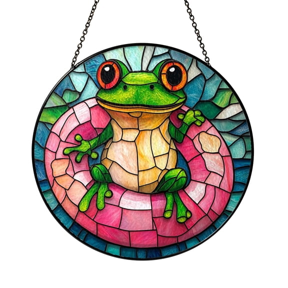 Frog Flamingo Pool Float Stained Glass Style Window Suncatcher Decor, Tropical Decorative Acrylic Hanging Panel Ornament for Summer Window Art and Poolside Home Decoration