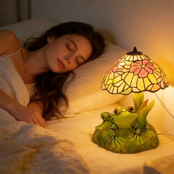 Frog & Flower Stained Lamp, Eye-Catching Design, Frog LED Reading Light, Table Lamp, Decorative, Energy-Efficient LED, Rechargeable, for Desk, Counter, Nursery, Home Bedroom