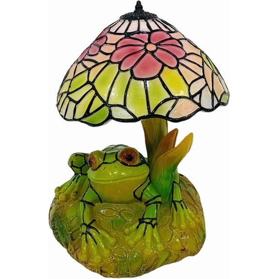 Frog and Flower Stained Lamp Frog Table Lamp with Shade USB Rechargeable Led Stained Glass Night Light Retro Animal Bedside Lamps for Bedroom Living Room Office Dorm Desk Home Decor
