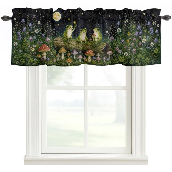 Frog Flowers Kitchen Valances for Windows, Farmhouse Mushroom Moon Star Floral Herbs Bathroom Window Valances 42x18 Inch Rod Pocket Window Treatments Valance Curtains for Living Room Bedroom Decor