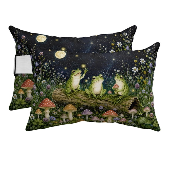 Frog Flowers Outdoor Pillows for Chaise Lounge Chair Beach Headrest Pillow Set of 2 Waterproof Lumbar Pillows with Insert&Strap Farmhouse Mushroom Moon Star Floral Herbs Pool Pillow 12"x20"