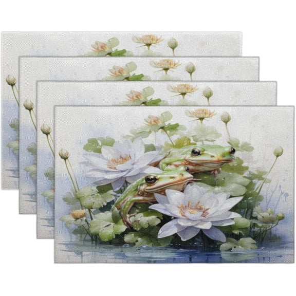 Frog Flowers River Placemats Set of 4 Linen Fabric Place Mats Heat Resistant Machine Washable Placemats Non-Slip Place Mat for Kitchen Dining Table