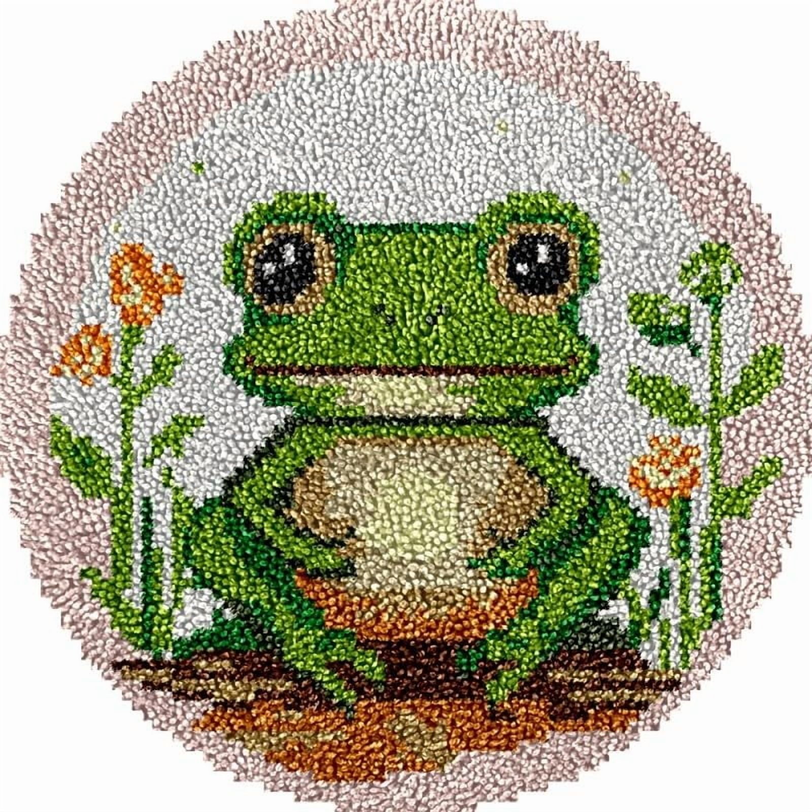 Frog and Flowers Round Shape Latch Hook Rug Kits Set for Starter Crochet Hook Cushion Mat Sofa Seat Cushion Crocheting Kits with Preprinted Canvas Crochet Yarn Kits 50X50cm (ui102)