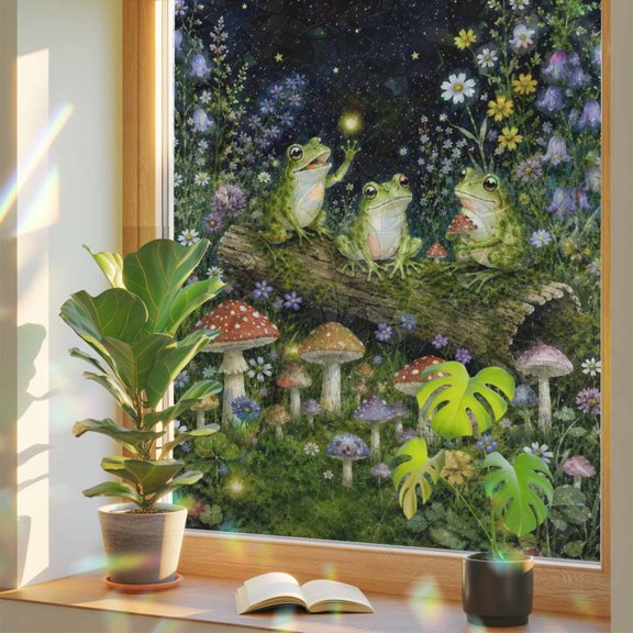 Frog Flowers Window Privacy Film Rainbow Static Cling Stain Glass Window Film for Glass Door, Decorative Sunroof Decal Sticker for Car 17.7"x39.3" Farmhouse Mushroom Moon Star Floral Herbs