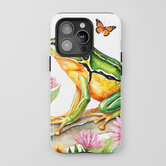 Frog For All iPhone Series Tough Phone Case Watercolor Nature Art Green Orange Design