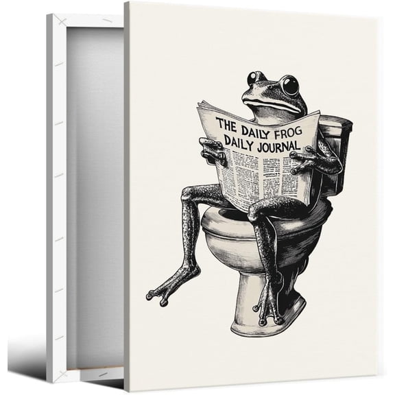 Frog Framed Poster, Funny Canvas Wall Art, Funky Frog Print Wall Art, Animal Picture for Bedroom, Beige and Black Minimalist Painting for Home Decor