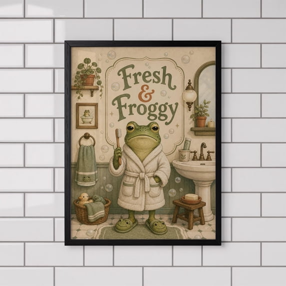 Frog Fresh And Froggy Bathroom Cute Bathroom Art Whimsical Bath Poster ...