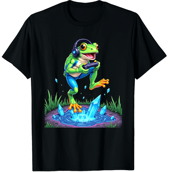 Frog Gaming Playing Video Games Graphic Black T-Shirt for Men and Women