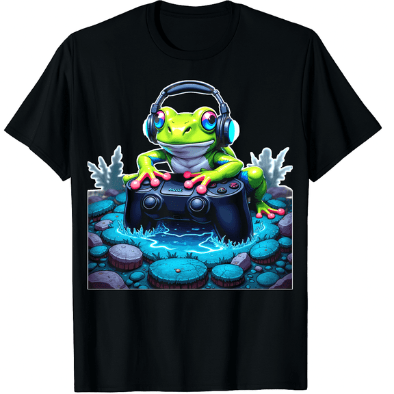 Frog Gaming Playing Video Games Graphic Black T-Shirt for Men and Women