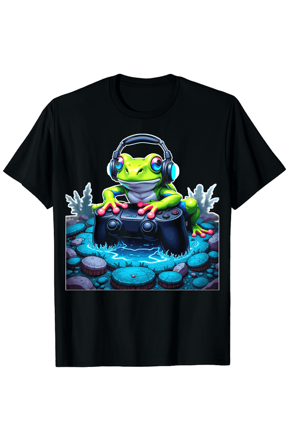 Frog Gaming Playing Video Games Graphic Black T-Shirt for Men and Women
