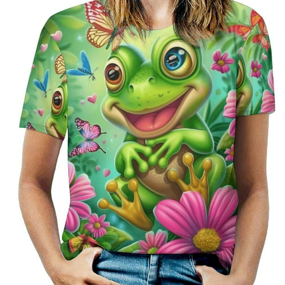 Frog Garden Butterflies Women's Short Sleeve Tops Casual Blouses T Shirt