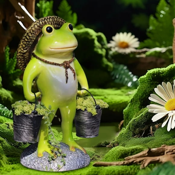 Frog Garden Decor for Outside,7x10 Inch Resin Farmer Frog Statue Outdoor Decorations ,Frog Figurines Resin Frog Gardener Statue with a Straw Hat and Carrying Flower Pot Bucket Miniature Animal