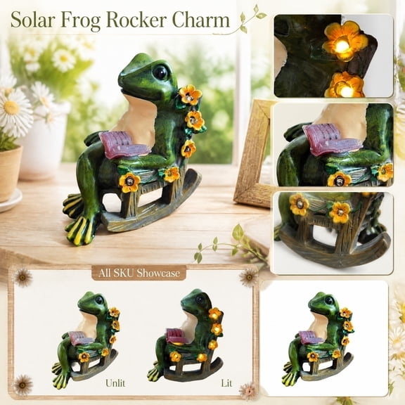 Frog Garden Decor, Solar Garden Decorations, Rocking Lawn Chair, Solar Garden Light, 4X4X4 Inch Resin Frog Figurine Reading Book on Rocking Chair with Accent Flower Details,