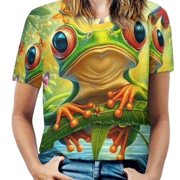 Frog Garden Fantasy -1 Womens Tops Women's Fashion Casual Short Sleeve Flower Print Round Neck Pullover Top Blouse