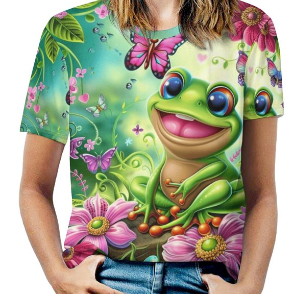 Frog Garden Fantasy Womens Tops Women's Fashion Casual Short Sleeve Flower Print Round Neck Pullover Top Blouse