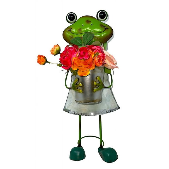 Frog Garden Figurine Metal Statue With Planter Tall Rustic Indoor Outdoor Patio Porch Decor 20" H (Girl)