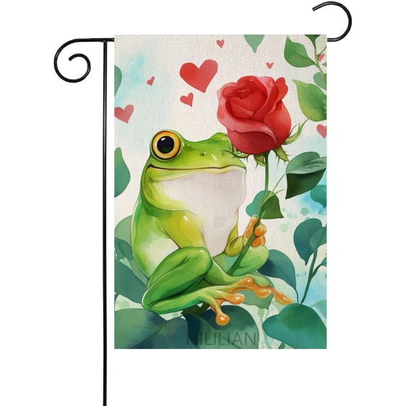 Frog-Garden Flag Hello Spring Summer 12x18 Inch Double Sided Vertical, Linen Small Rose Floral Welcome Garden Yard House Flags Outside Outdoor House Spring Decoration(5042)