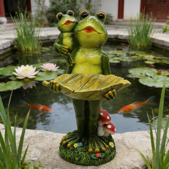 Frog Garden Statue with Leaf Tray - 11.8 Inch Tall Resin Frog Sculpture (Parent & Baby Frog) for Outdoor Patio Decor, Yard Ornament and Entryway Key Holder