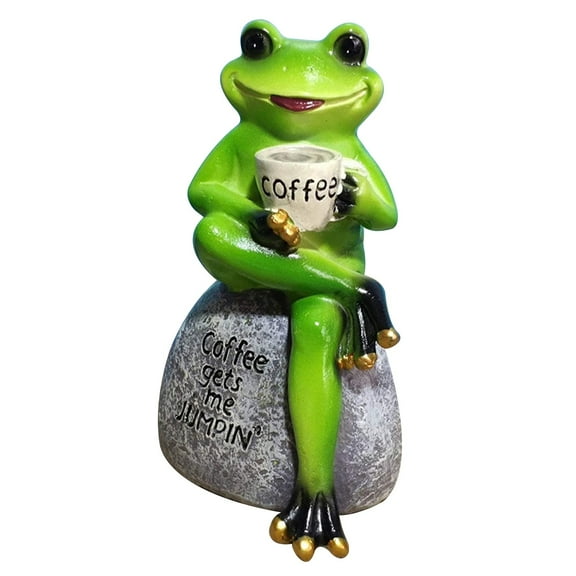 Frog Garden Statue Outdoor Statuary Green Sitting Drinking Coffee Stone for Home A