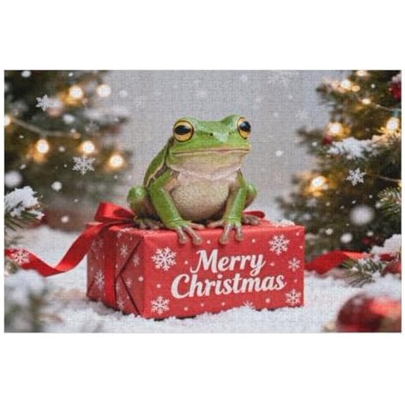 Frog on The Gift Box 1000 Piece Jigsaw Puzzle for Adults, Christmas Banner Scene, DIY Home Decoration Puzzle, Challenging Family Activity Game, Interactive Puzzle for Teens and Adults
