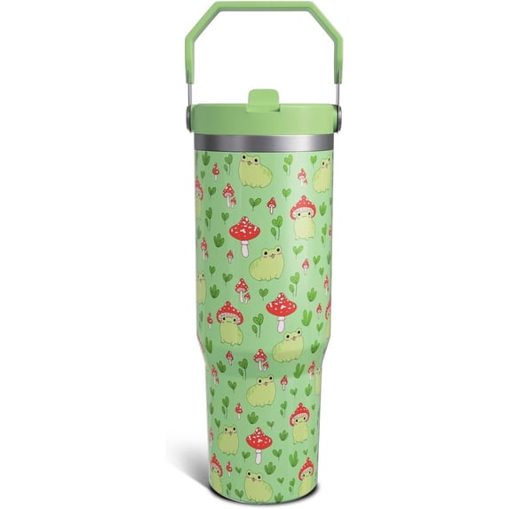 Frog Gifts 30 Oz Tumbler with Top Handle and Flip Straw, Cute Red Mushroom Stainless Steel Insulated Water Bottle Cup, Green Frog Lover Birthday Gifts for Women Girls