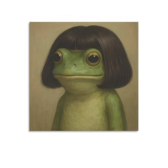 Frog Girl Portrait Canvas Art Print with Frame – Whimsical Green Frog with Bob Haircut – Wall Decor for Home, Bedroom, Living Room – Available in Multiple Sizes