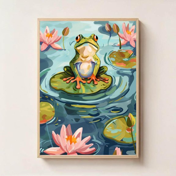 Frog Girl Wall Art Whimsical Water Lily Fairy Decor, Stretched Canvas 12x16in