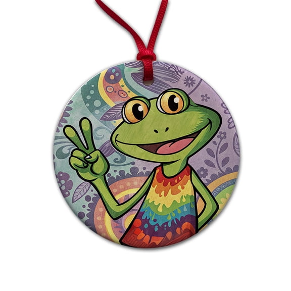 Frog Giving Peace Sign Hippie Tie Dye Christmas Tree Holiday Round Ceramic Ornament
