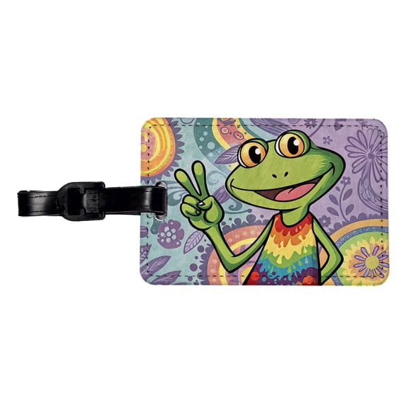 Frog Giving Peace Sign Hippie Tie Dye Faux Leather Travel Luggage Tag