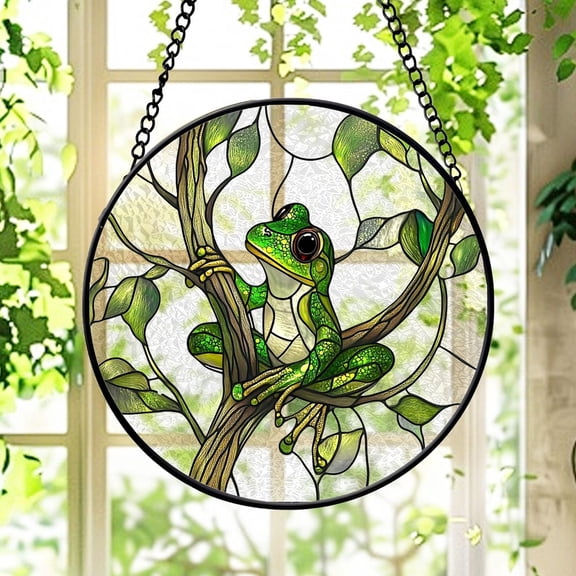 Frog Glass Suncatcher v5, Green Tree Frog on Branch, Tropical Garden Nature, 7.9 in